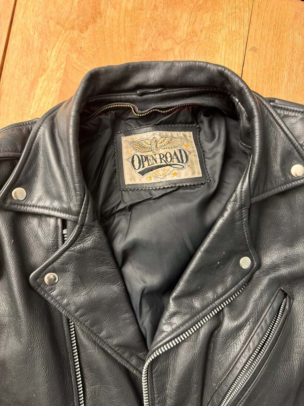 Vintage Open Road Genuine Black Leather Biker Motorcycle Jacket with Belt